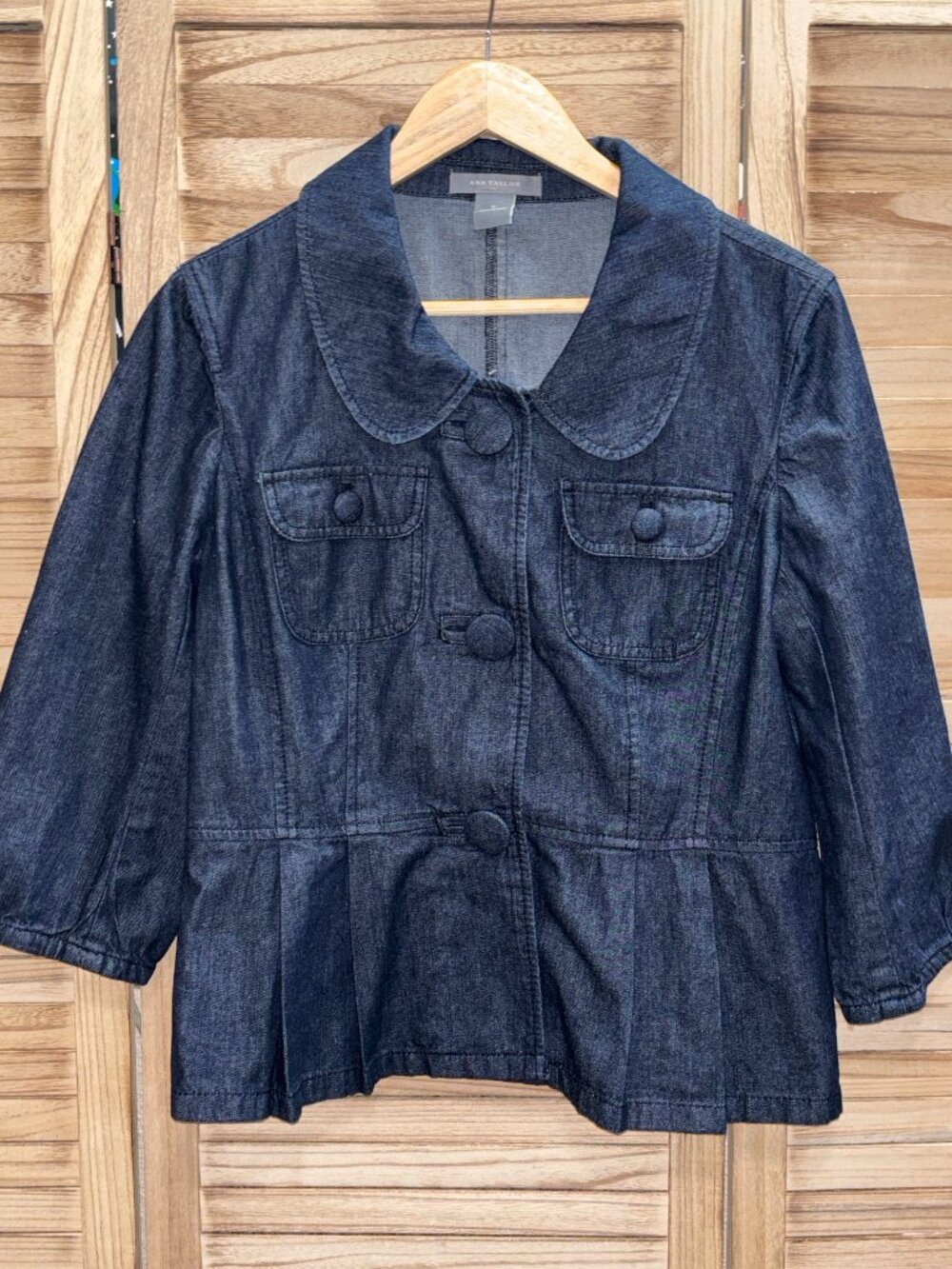 Ann Taylor Womens Dark Denim Peplum Jacket 3/4 Sleeve Peter Pan Collar 10